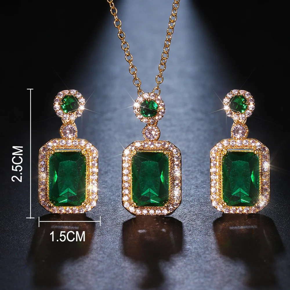 Emerald Color Earring Necklace Rings Set For Woman Stainless Steel Zircon Rectangle Pendant Party Jewelry Gift 240926