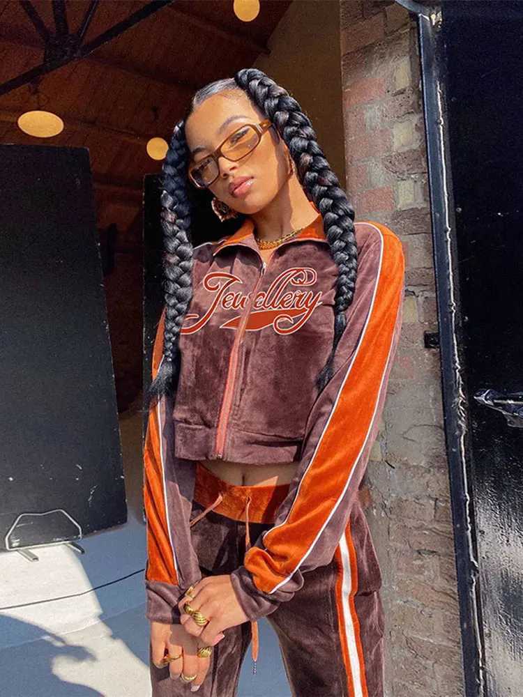 Womens Two Piece Pants Womens letter printed suede jacket 2piece set Tracksuit contrasting color straight sports pants matching set womens sportswea Y