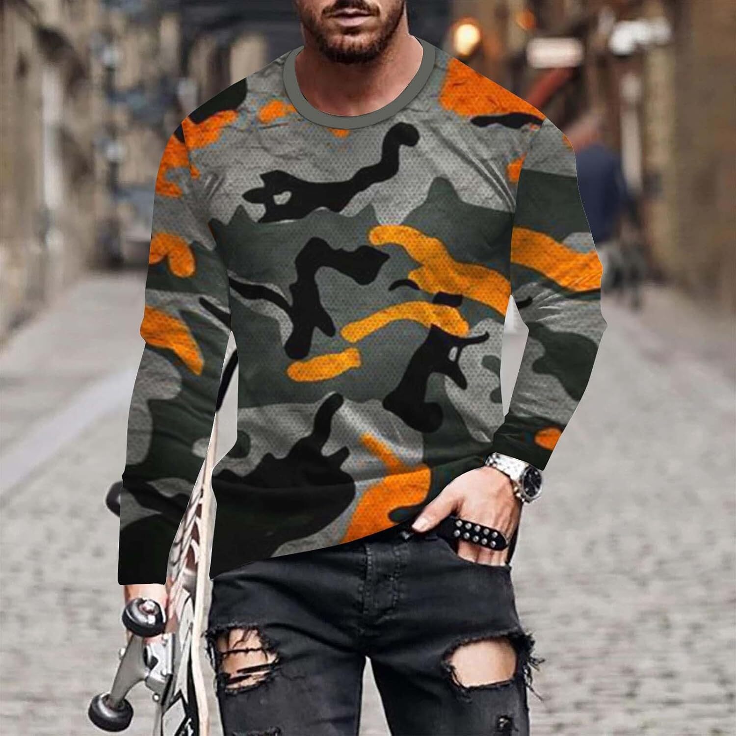 Long Sleeve Shirts for Men sweatshirt Mens Track Athletic Long Sleeve Tops Tee for Mens Boat Neck Print Camo Fall Summer Shirts 2024 T shirt Tee Stree