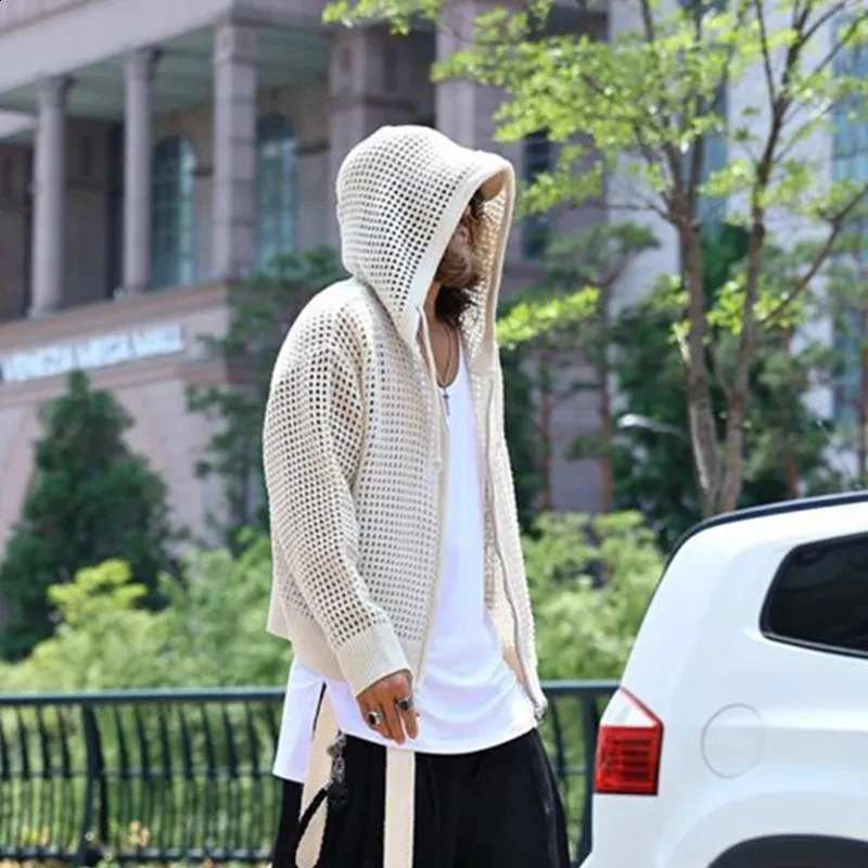 HOUZHOU Knit Mesh Coat for Men Hole Hooded Cardigan Long Sleeve Tee Male Hollow Out Casual Autumn Japanese Streetwear Hip Hop 240927