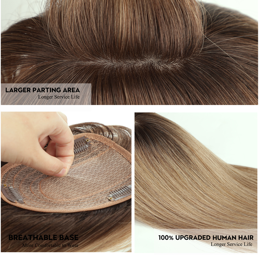 100% Remy Human Toppers Pieces Light Brown Women With Bang Silk Base Clip In Topper For Thinning Hair