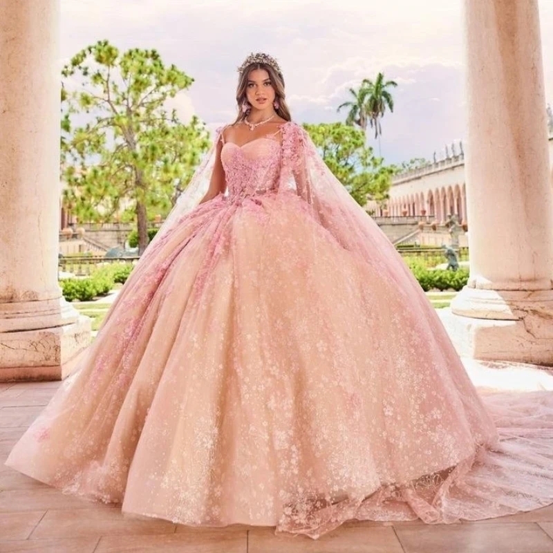 Light Pink Princess Off The Shoulder Quinceanera Dress Appliques Beading Tull Sweetheart With Cape Ball Gowns Vestidos De 15 Anos Sweet 16 Dress