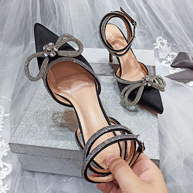 Sparkling Rhinestone Womens Pump Crystal Bow Silk Corner Lace Buckle Thin High Heels Party Ball Shoes 240925