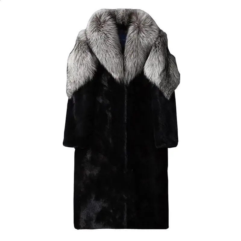 Winter mens silver fox fur collar fur coat long thick and warm windbreaker fashionable and elegant coat 240930