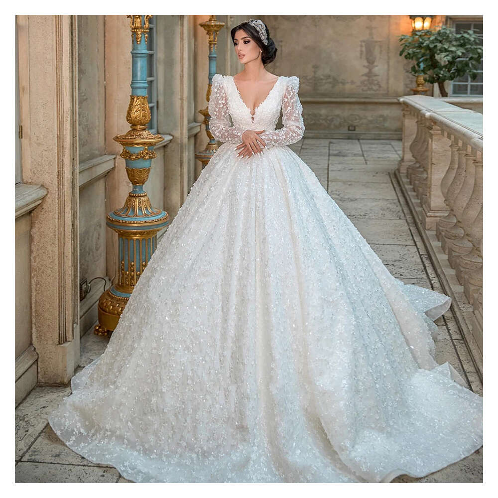 White Gorgeous V Neck Full Sleeves Wedding Dress Lace Applique Sequin Beaded Bridal Gown Custom Made Princess Bride Dresses es