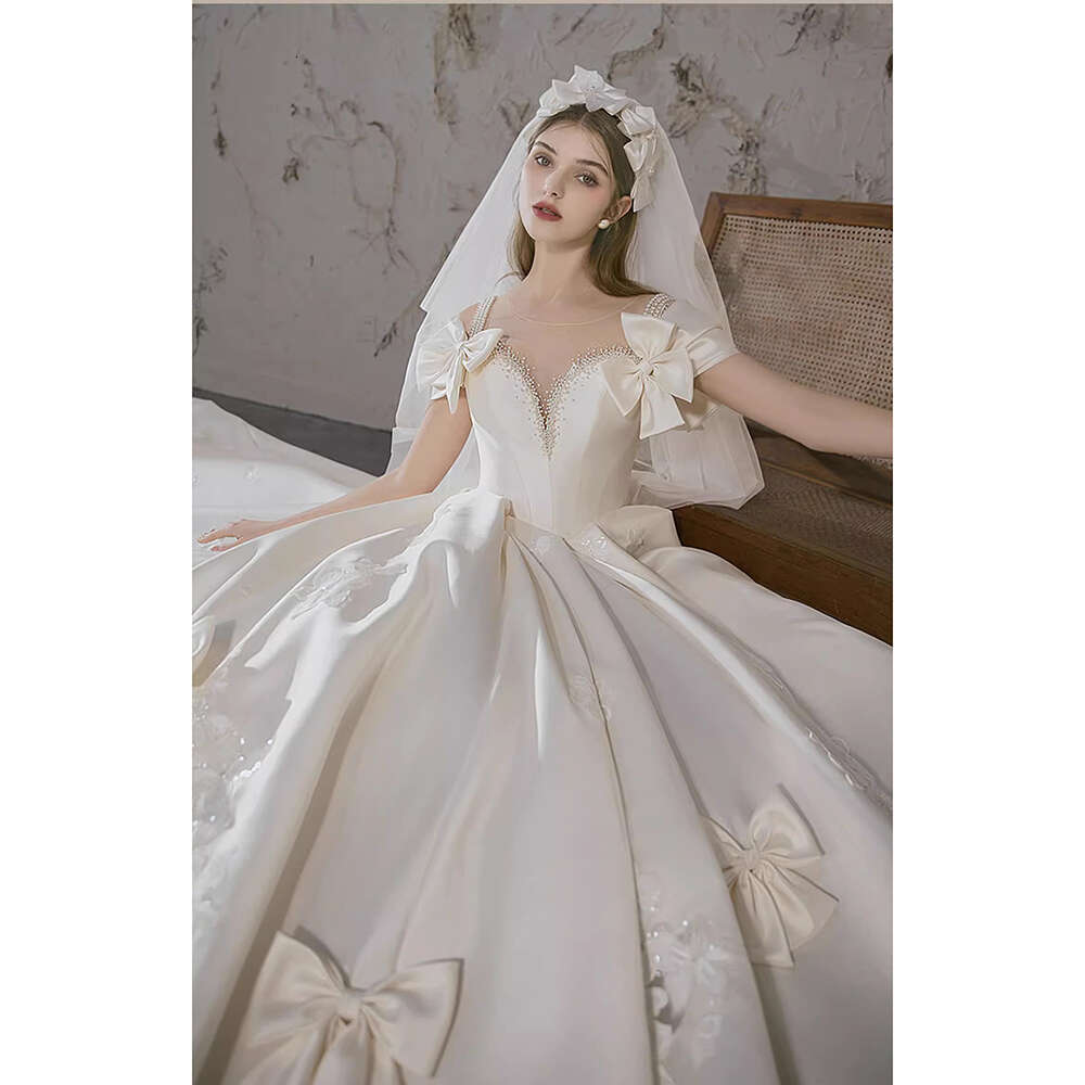 And Elegant Romantic V Neck Satin Wedding Exquisite Lace Applique Beaded D Bow Princess Bride Dress ress