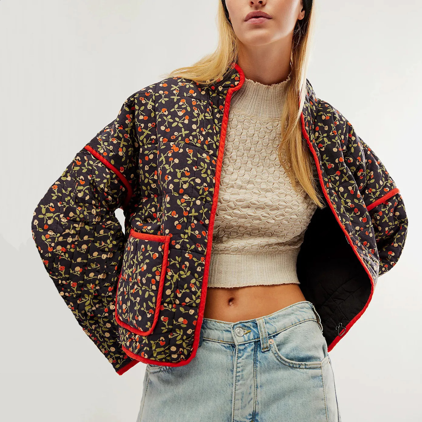 Womens Y2k Cut Quilted Jacket Retro Floral Printed Open Front Lightweight Inflatable Jacket Filled Quilted Cardigan Coat 240924