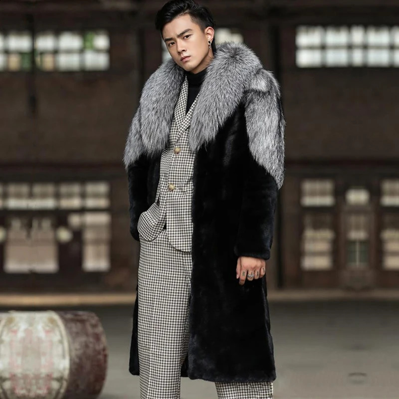 Winter mens silver fox fur collar fur coat long thick and warm windbreaker fashionable and elegant coat 240930