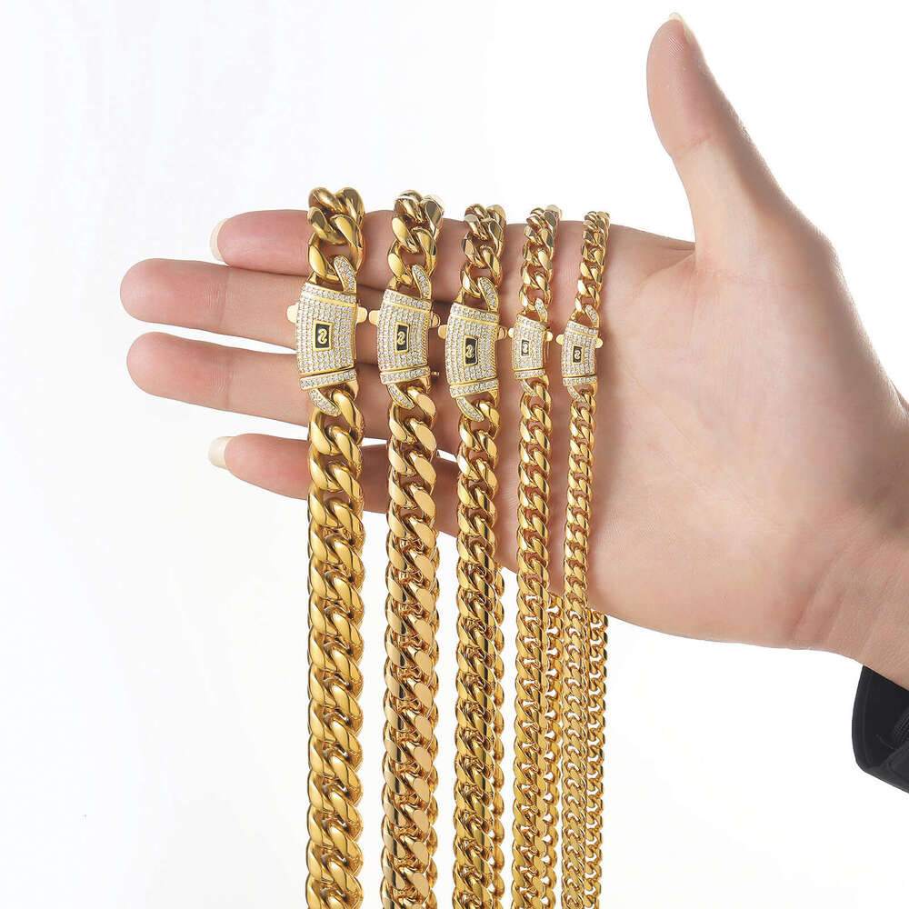 miami hiphop necklace 6mm-12mm round ground encrypted 14k gold Cuban inlaid with dia spring buckle chain