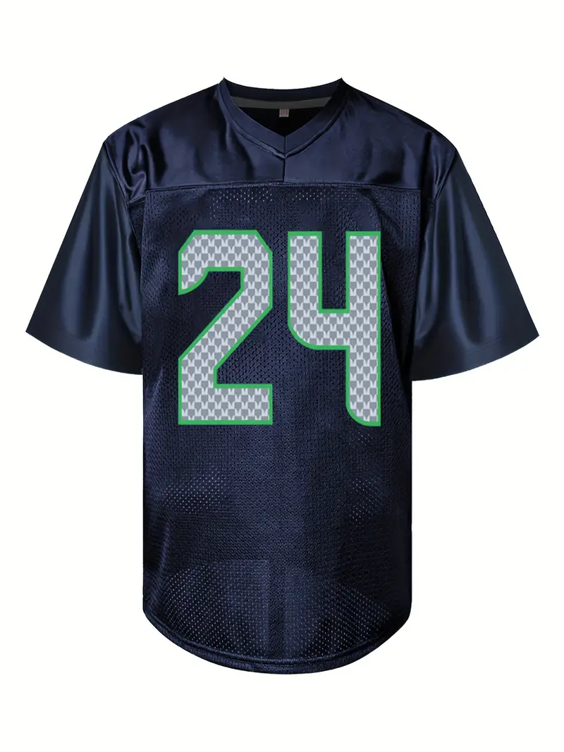 #24 Marshawn Lynch Comfy V-Neck Football Jersey Navy Blue Mesh Embroidery for Training and Competition Breathable Moisture-Wicking American Football S