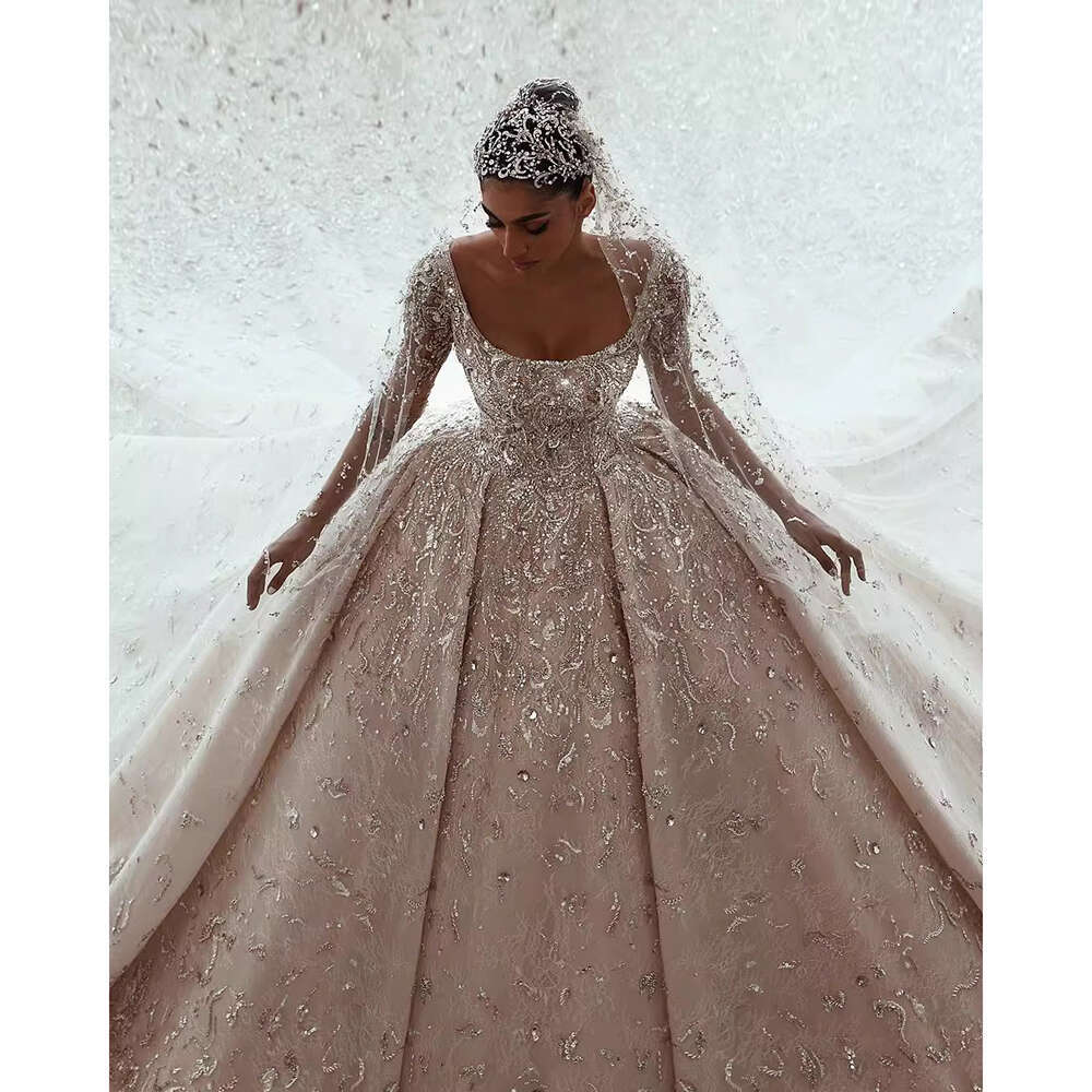 Urious Square Collar Wedding Sequined Beaded Lace Illusion Long Sleeves Princess Bride Dresses Vestido De Novia 6660311