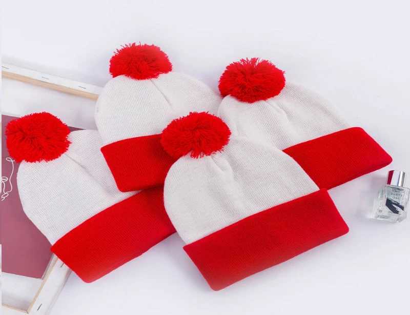 Red Beanie Men Women Christmas Decoration Colour Blocking Wool Cap Hat Halloween Striped Red Wool Ball Knit CapX241005