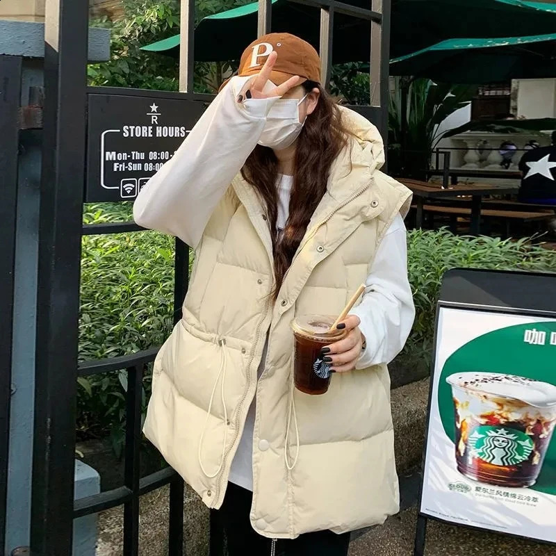 Winter Cotton Tank Top Coats Womens Student Parkas Korean Loose Belt Hoodie Elegant Sleeveless Top 240929