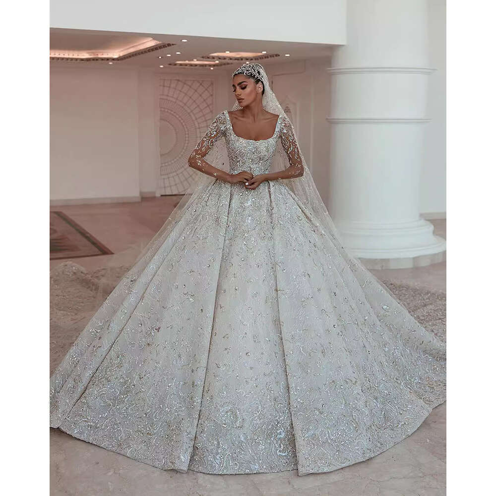 Urious Square Collar Wedding Sequined Beaded Lace Illusion Long Sleeves Princess Bride Dresses Vestido De Novia 6660311