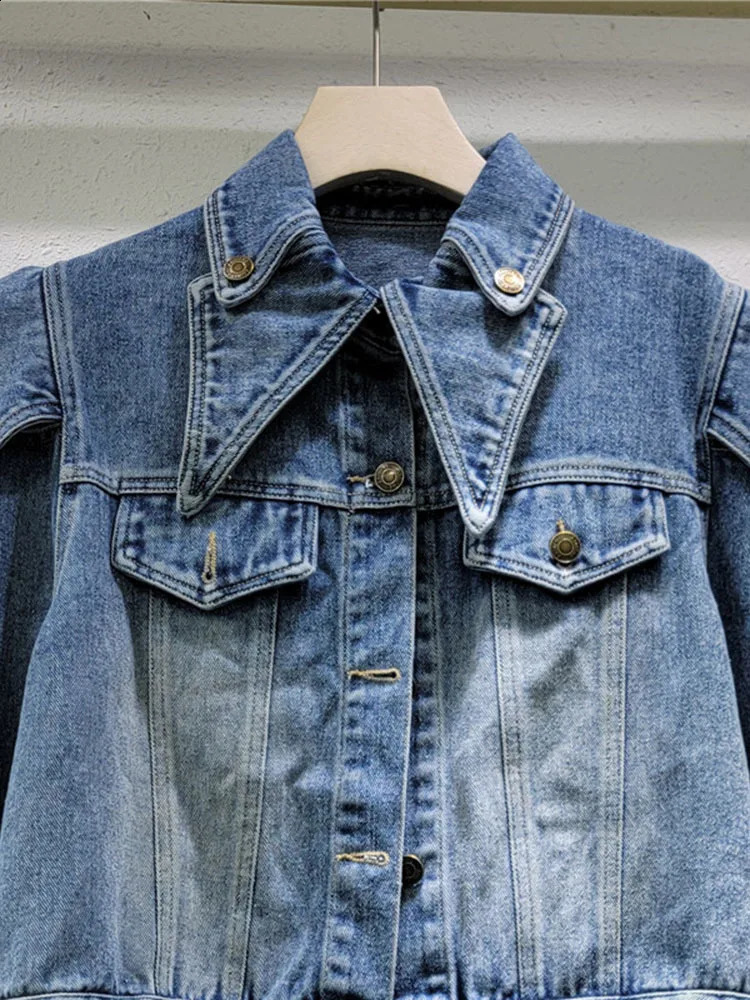 DEAT Trendy Womens Ruffled Edge Offshoulder n Denim Coat 2024 Autumn Fashion Lapel Long Sleeve Jacket Female 33A1708 240927