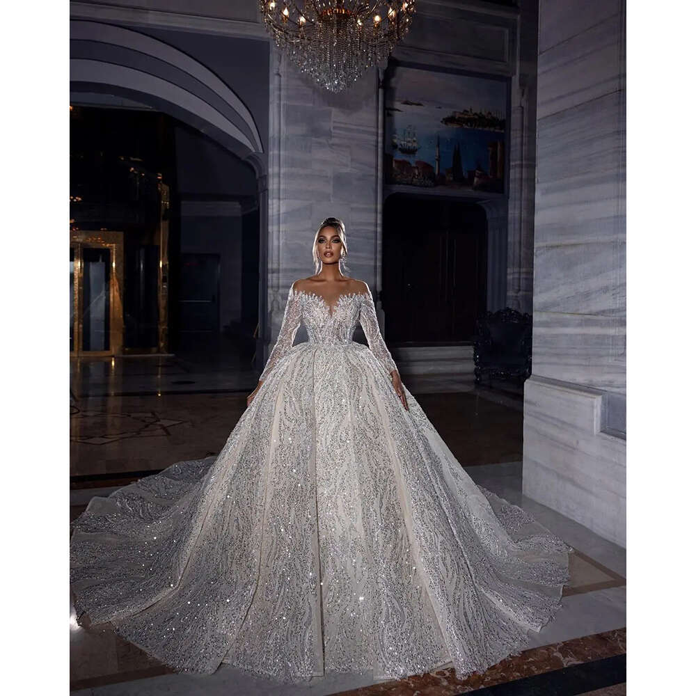 Gown Ball Wedding Elegant Sweetheart Collar Lace Applique Beaded Long Sleeve Princess Bride Dress