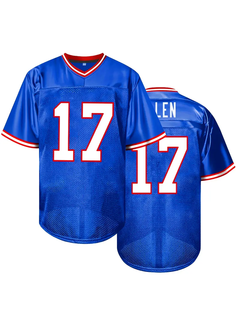 #17 Josh Allen Comfy V-Neck Football Jersey Blue Mesh Embroidery for Training and Competition Breathable Moisture-Wicking Short Sleeve Top for Active 