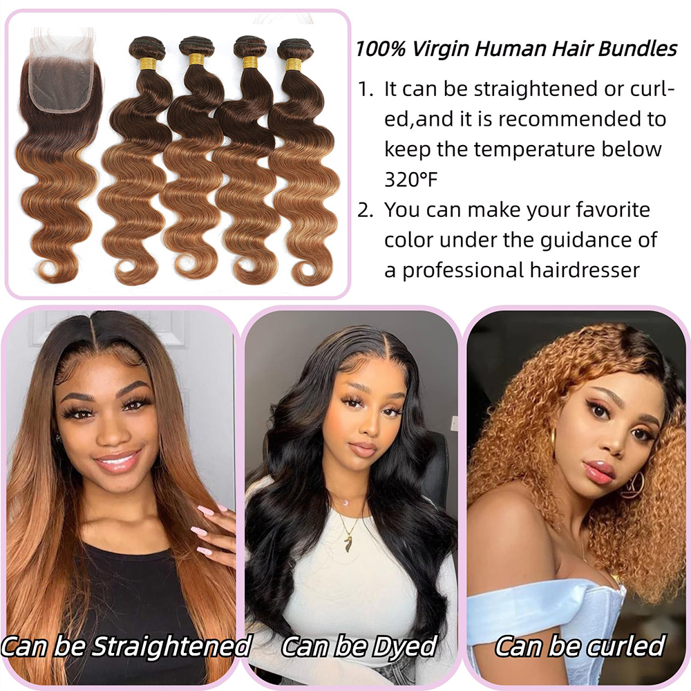 Ombre Body Wave Brazilian Weave 3/4 Bundles With Lace Closure Colored Human Hair Extensions
