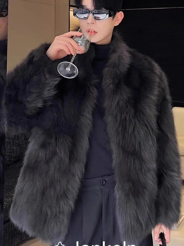 Fur imitation thick mens artificial fox fur coat mens warm coat long sleeved winter artificial fur leather jacket fluffy fur coat 240929