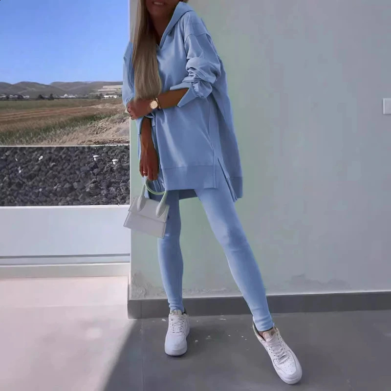 Casual Sport Split Hooded Sweatshirt Leggings Two Piece Set Women Fall Pure Loose Tracksuit Outfit Winter Long Sleeve Comfy Suit 240930