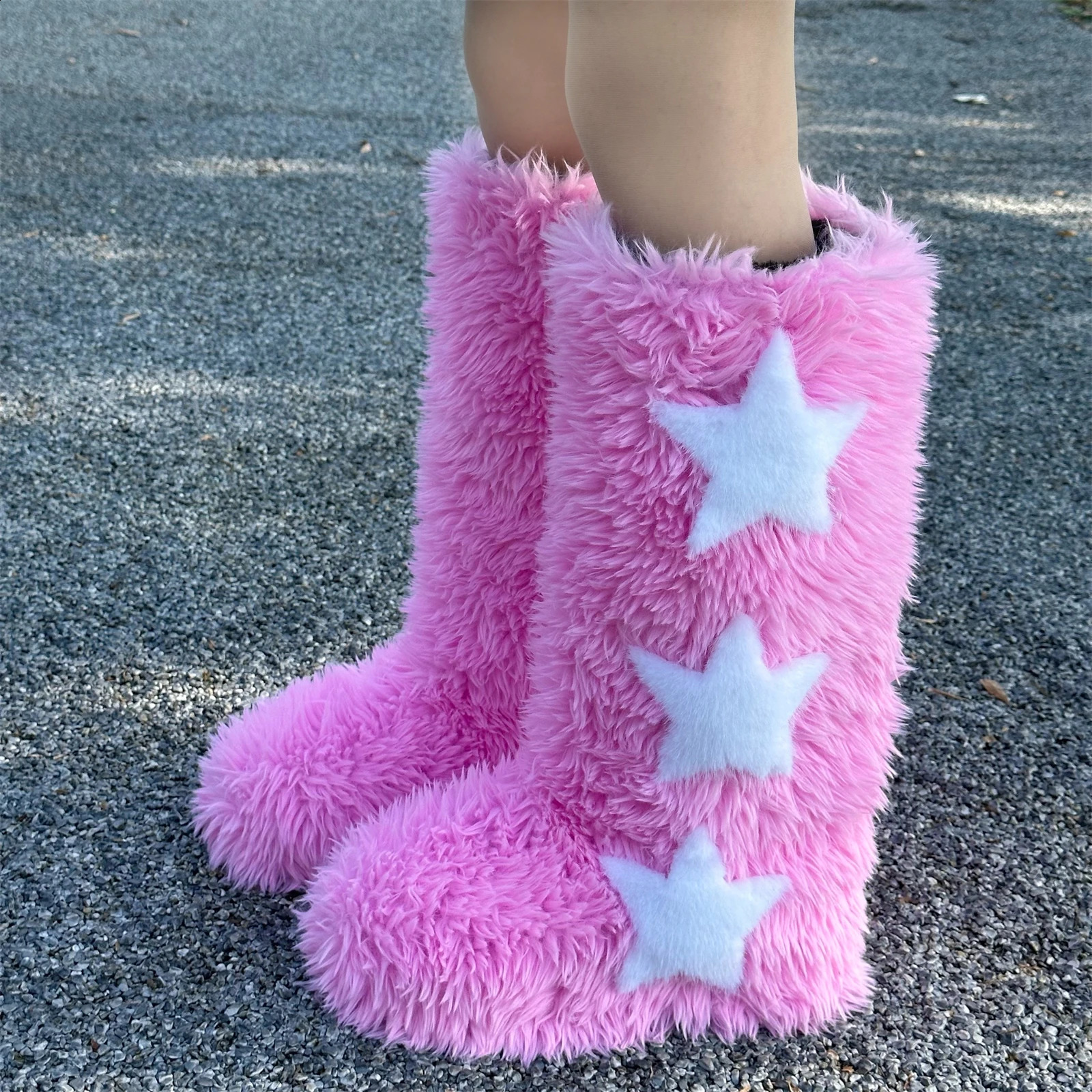 Winter Women Snow Faux Fur Long Warm Plush Platform Knee-high Boot Outdoor Furry New Cute Over-the-knee Boots