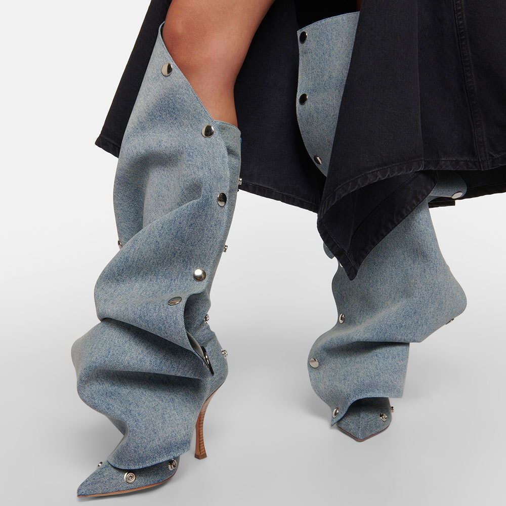 2024 Brand Chic Spring Summer Denim Blue Detachable Knee Boots Women Pointy Toe Sexy Black Brown High Heels Fold Boot Shoes