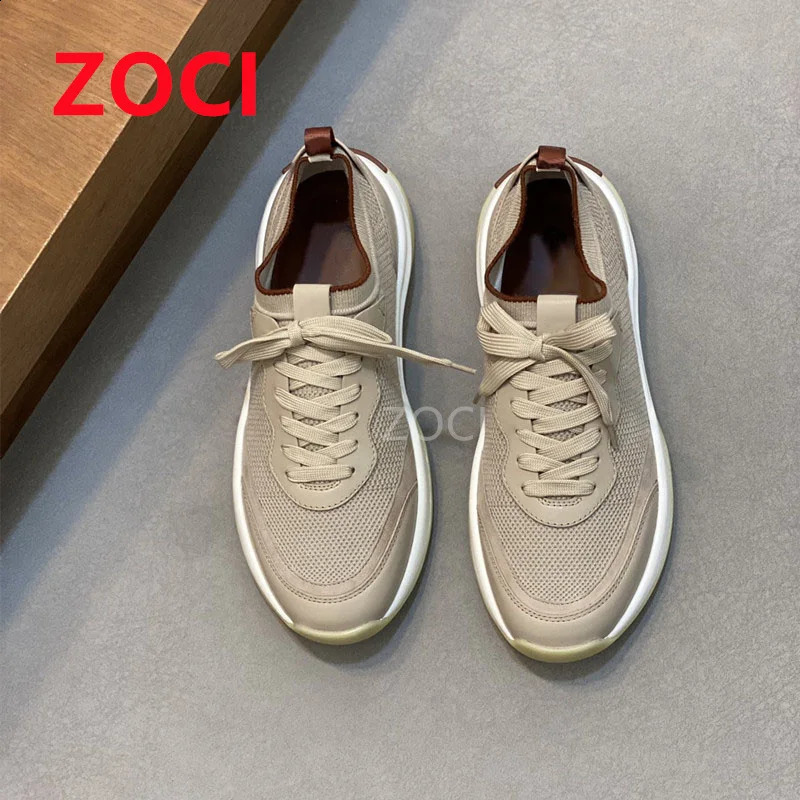 Autumn European Station Leather Mesh Casual Sports Shoes Knitted Breathable Lace Running 241028