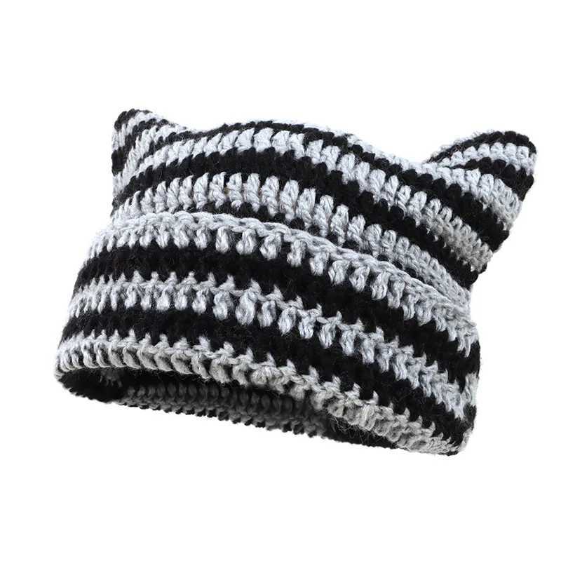 Womens Crochet Hats with Ears Ladies Knitted Beanie Striped Y2k Funny Cat Style Autumn Winter Green Beige Black Gray WhiteX241005
