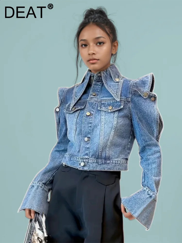 DEAT Trendy Womens Ruffled Edge Offshoulder n Denim Coat 2024 Autumn Fashion Lapel Long Sleeve Jacket Female 33A1708 240927