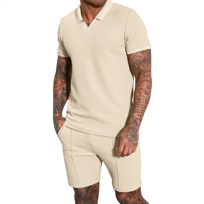 summer waffle V-neck short sleeved two-piece polo set 240930