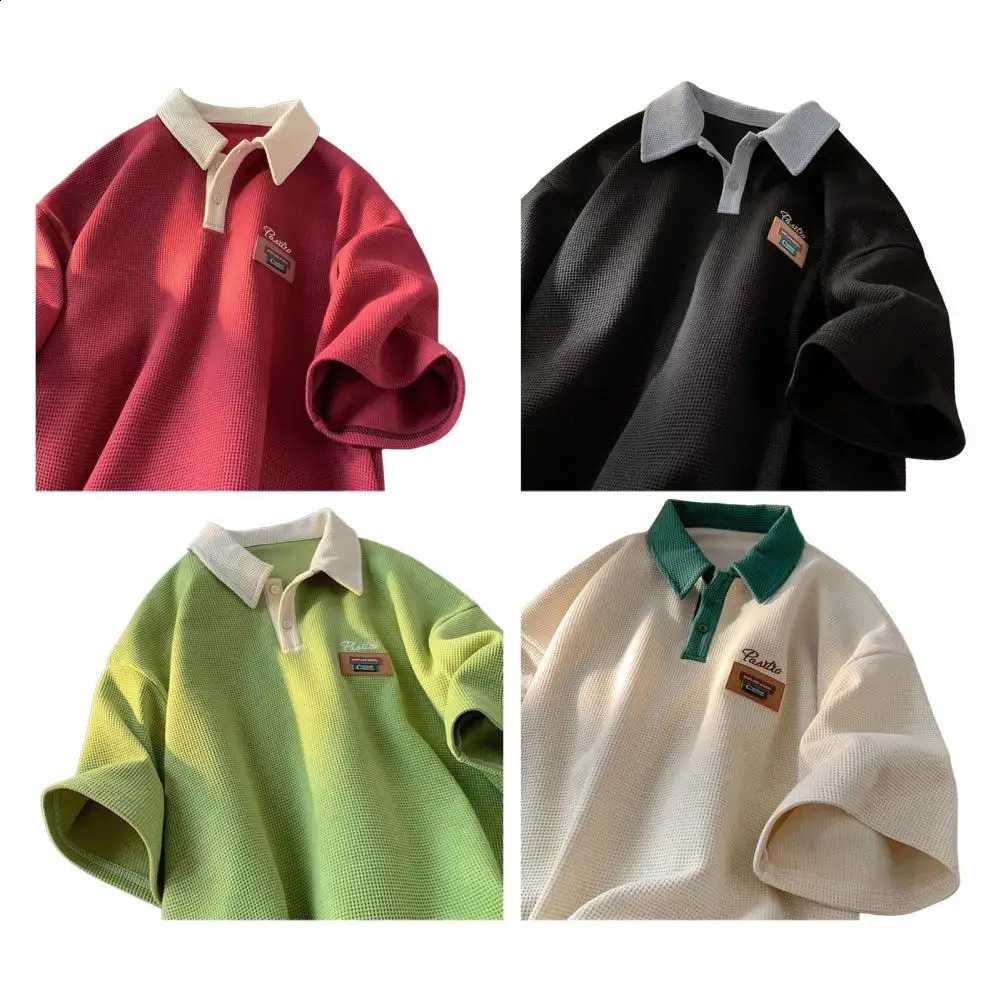 1Pc Men Halfsleeve Tshirt Turndown Collar Retro Lapel Tshirt Vintage American Style Mens Waffle Texture Tshirt for Outdoor 240930