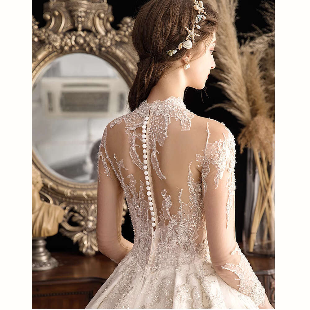High Classic Neck Long Sleeved Wedding Dress Sequined Beaded Lace Applique Bridal Gown Fashion Traig Princess Bride Dresses es