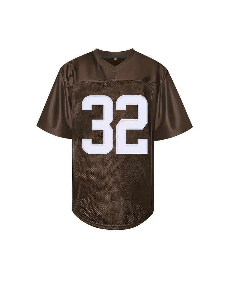 #32 Jim Brown Comfy V-Neck Football Jersey Brown Mesh Embroidery for Training and Competition Breathable Moisture-Wicking Short Sleeve Top for Active 