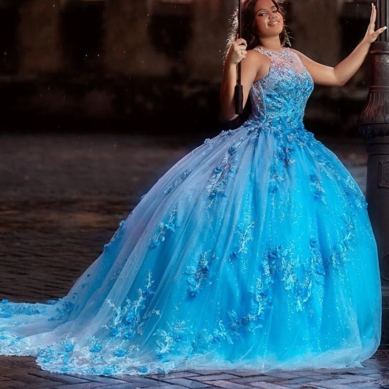 Sky Blue Shiny Quinceanera Dresses 3D Flowers Appliques Beading Tull Sequins Ball Gowns Princess Graduation Vestidos De 15 Anos Sweet 16 Dress