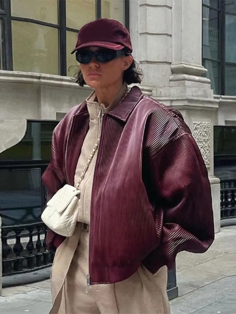 Women Retro Wine Red Suede Leather Jacket Elegant Lapel Long Sleeves Loose Short Coats Spring Autumn Chic Lady Street Outerwear 240930