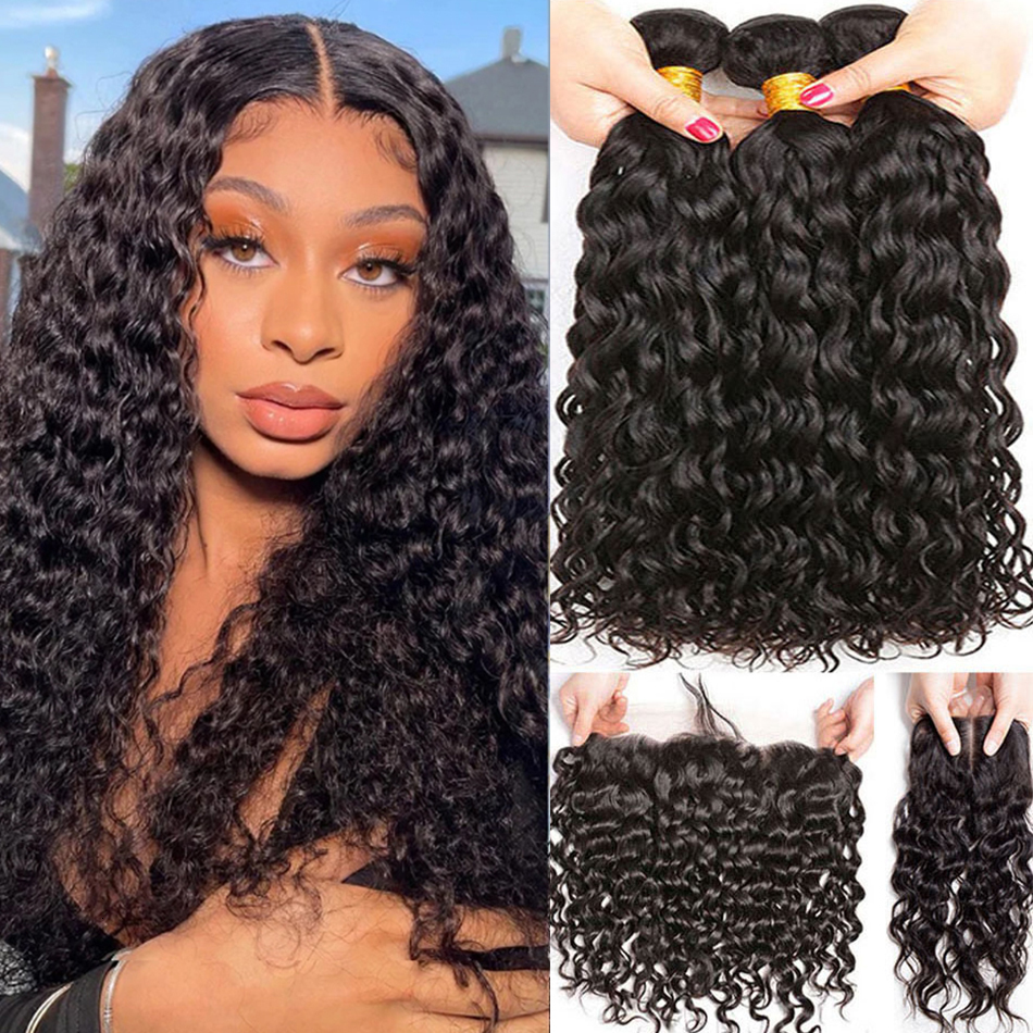 Indian Water Wave Closure Wet And Wavy Curly 12A Human Bundles Remy Hair Weave 3Bundles With 13X4 Frontal