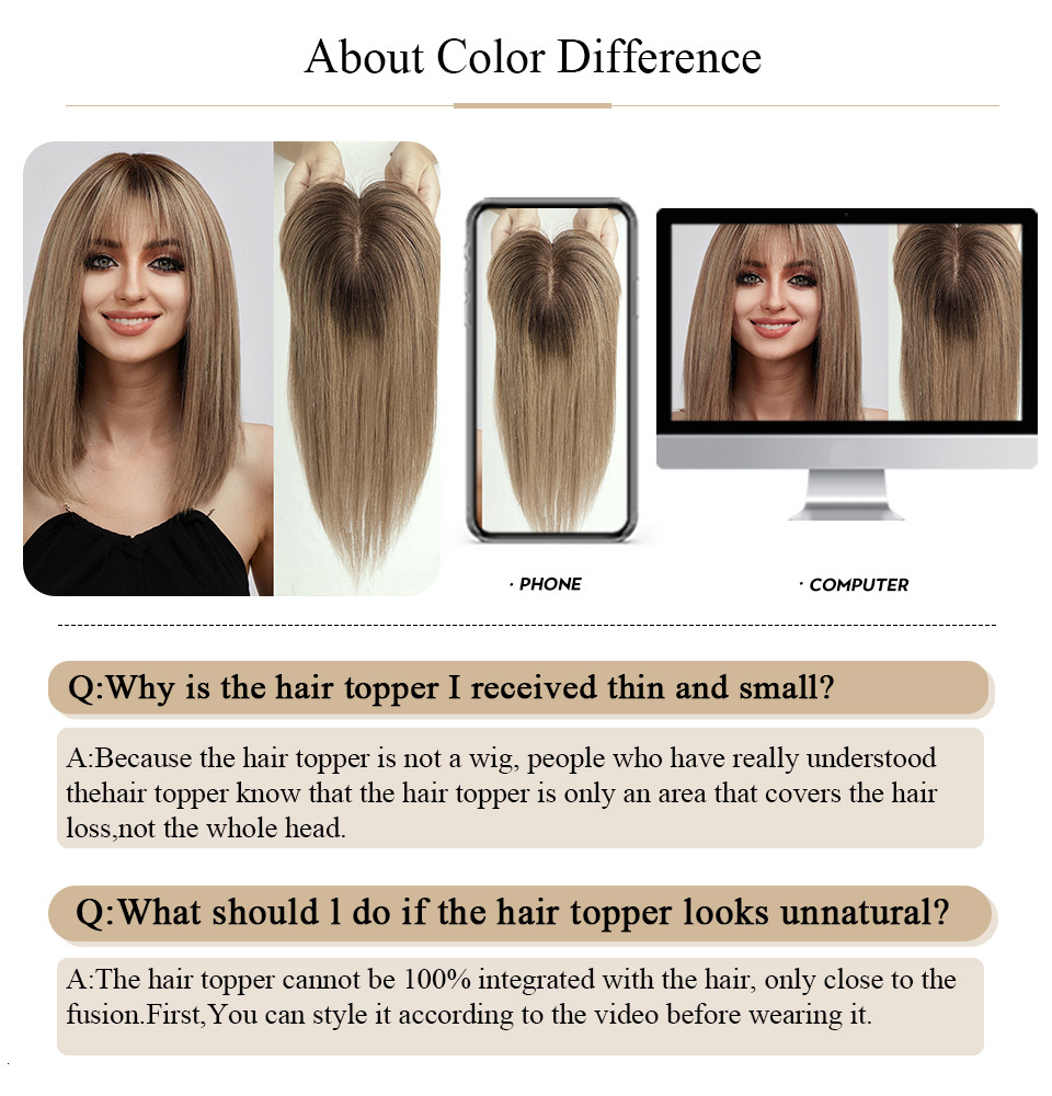 100% Remy Human Toppers Pieces Light Brown Women With Bang Silk Base Clip In Topper For Thinning Hair