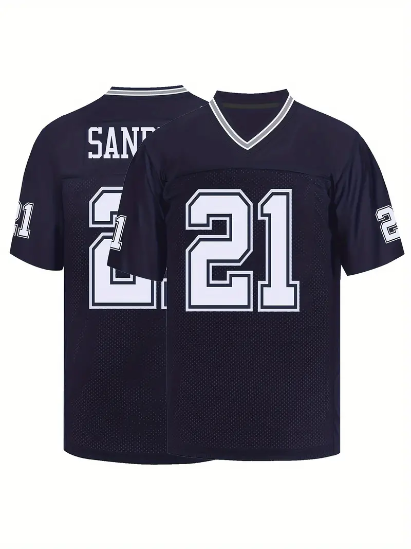 #21 Deion Sanders Comfy V-Neck Football Jersey Navy Blue Mesh Embroidery for Training and Competition Breathable Moisture-Wicking American Football Sh