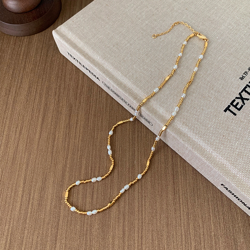 Stainless Steel Mix Thin Chain Small Beads Real Pearl Necklace 18K Gold Plated Beaded Necklaces Handmade Cute Romantic Jewelry
