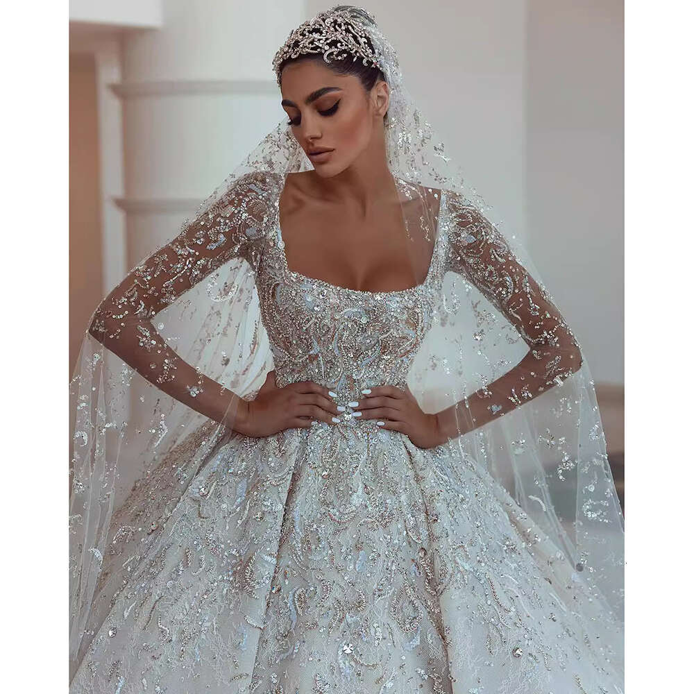 Urious Square Collar Wedding Sequined Beaded Lace Illusion Long Sleeves Princess Bride Dresses Vestido De Novia 6660311