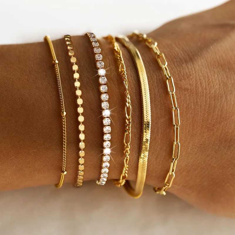 Set: Waterproof Bracelet 14K Real Gold Plated Tennis, Beaded, Figaro, Herringbone, Paperclip k Bracelets Set for Women (W241004) 4 s