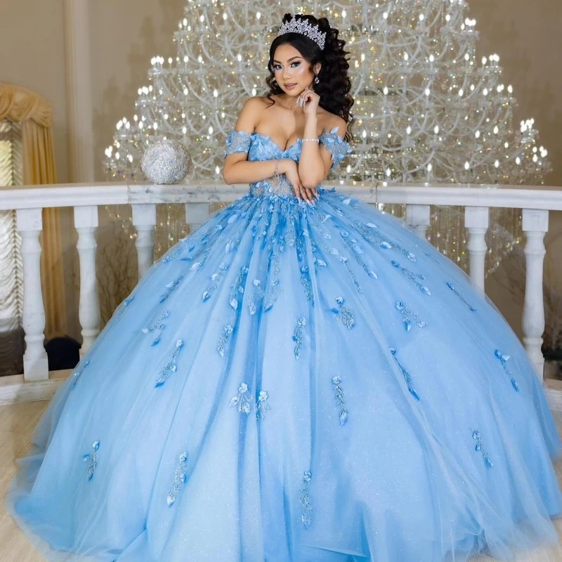 Sky Blue Quinceanera Dress Off Shoulder Appliqued Lace Beads Ball Gown Princess Party Birthday Vestidos 15 De Anos Sweet 16 Dress