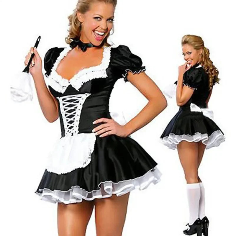 Black Cute French Maid Role Playing Costume Dress Lolita Girl Sexy Vestidos Party Stage Size Up 240930