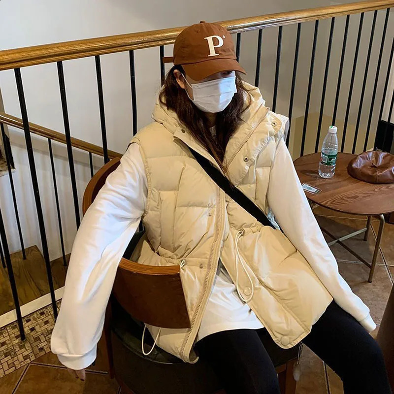 Winter Cotton Tank Top Coats Womens Student Parkas Korean Loose Belt Hoodie Elegant Sleeveless Top 240929