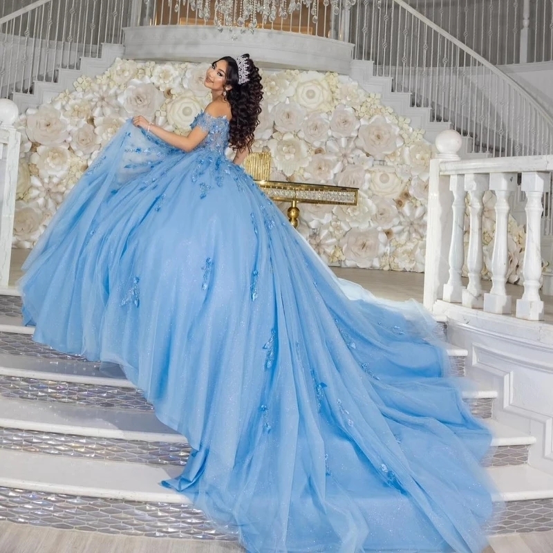 Sky Blue Quinceanera Dress Off Shoulder Appliqued Lace Beads Ball Gown Princess Party Birthday Vestidos 15 De Anos Sweet 16 Dress