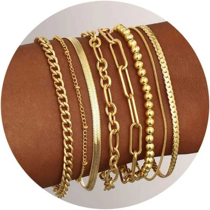Female teenage girl gold bracelet 14K gold-plated Dainty bracelet set layered chain bracelet bag jewelry gift W241004