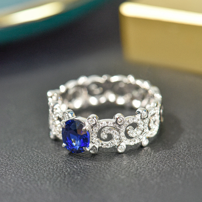 Sterg Sier Blue Sapphire CZ Dia Leaf Ring | Elegant Hollow Party Wedding Band