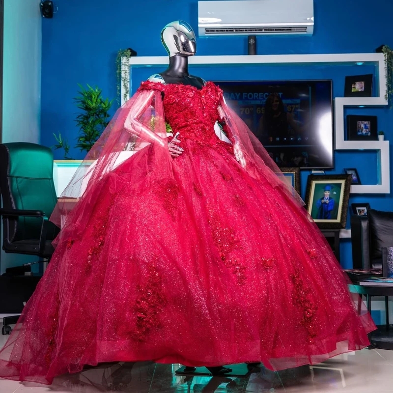 Luxury Red Shiny Off The Shoulder Quinceanera Dresses Lace Appliques Bow Tull Ball Gown Princess Puffy Vestido De 15 Anos Sweet 16 Dress