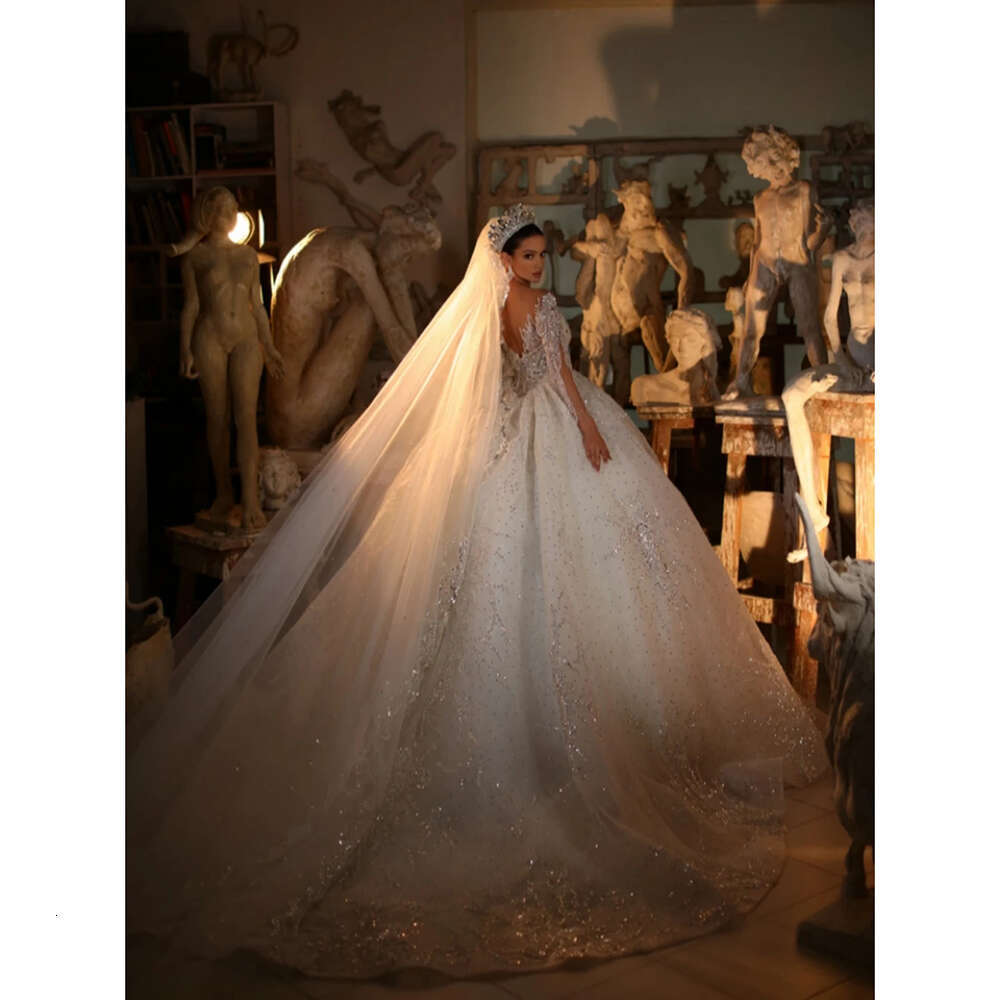 Ball Gown Wedding Dress Sexy Deep V-Neck Sequined Beaded Lace Long Sleeves Princess Bridal Gowns Vestido De Novia 0228Lz