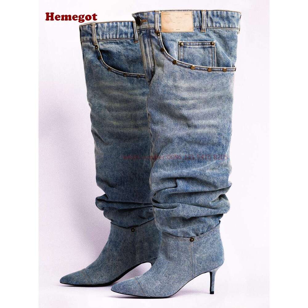 Denim Pants Pointy Toe Pleated Over The Knee Boots For Women Winter 2024 Casual Rivet Pocket Decor Patchwork Shoes